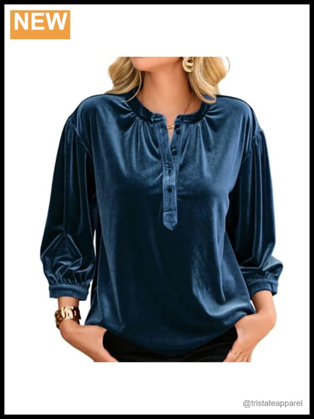Velvet 3/4 Sleeve Button Up Blouse Relaxed Fit for Women